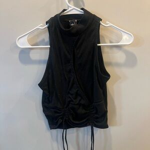 Black Ruched Sleeveless Tank Top with Mandarin Collar